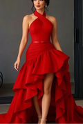 Halter Sleeveless Long Split Prom Dress With Pleated Ruffles