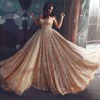 Gold Sequins Long Prom Dress BM bride