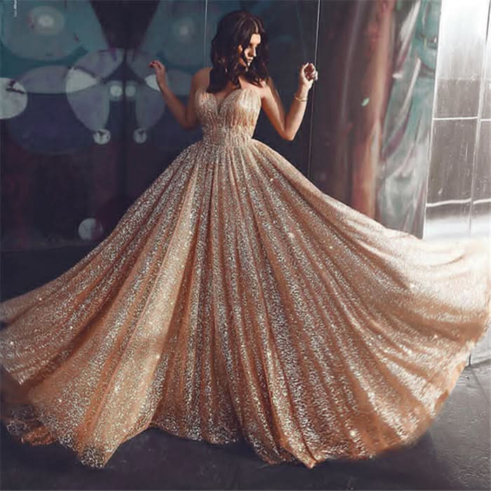 Gold Sequins Long Prom Dress BM bride