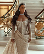 Champagne Long Sleeves Mermaid Sequin Wedding Dress Pleated BM bride