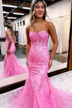 Charming Mermaid Sweetheart Neck Lace Long Prom Dress with Appliques BM bride