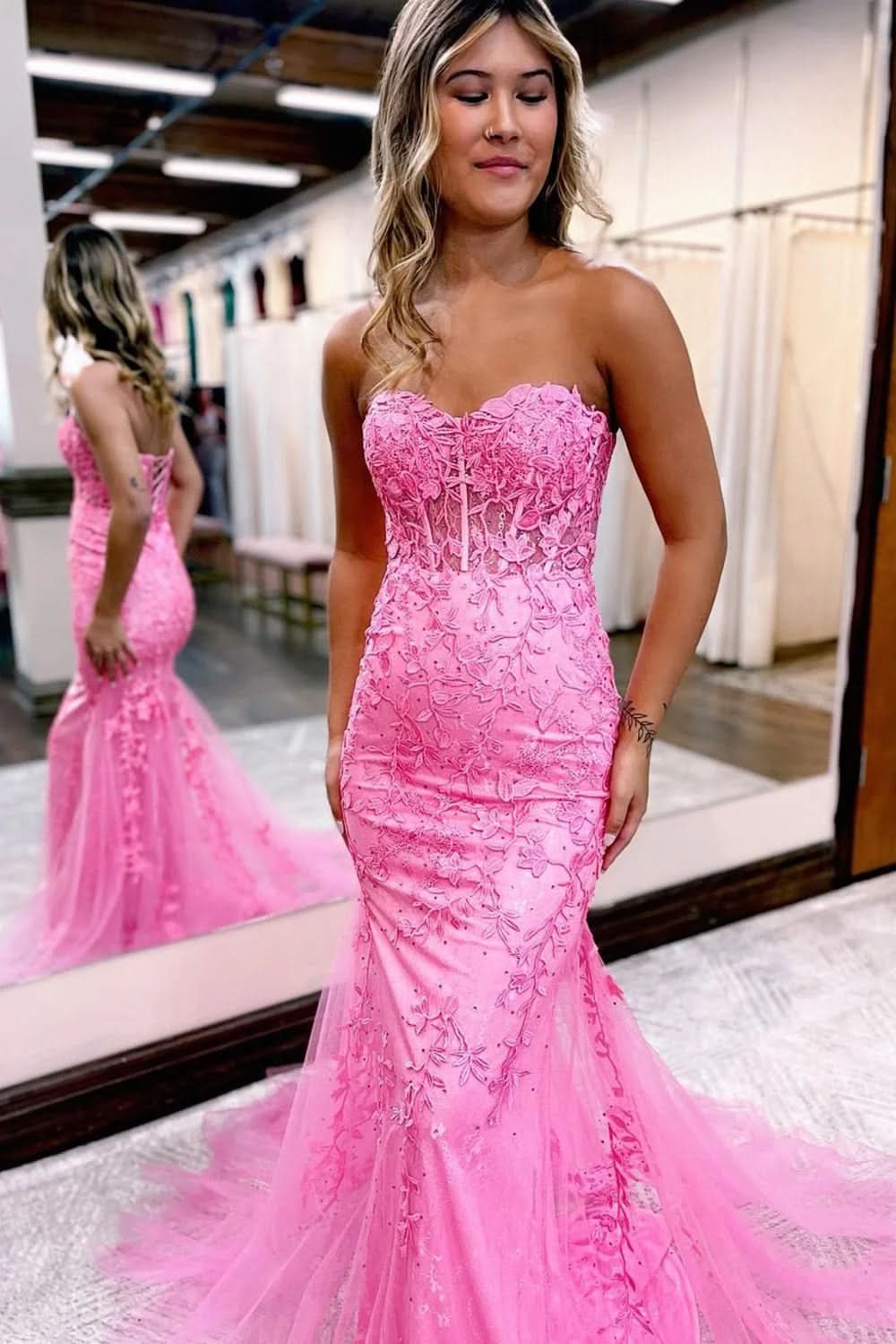 Charming Mermaid Sweetheart Neck Lace Long Prom Dress with Appliques BM bride