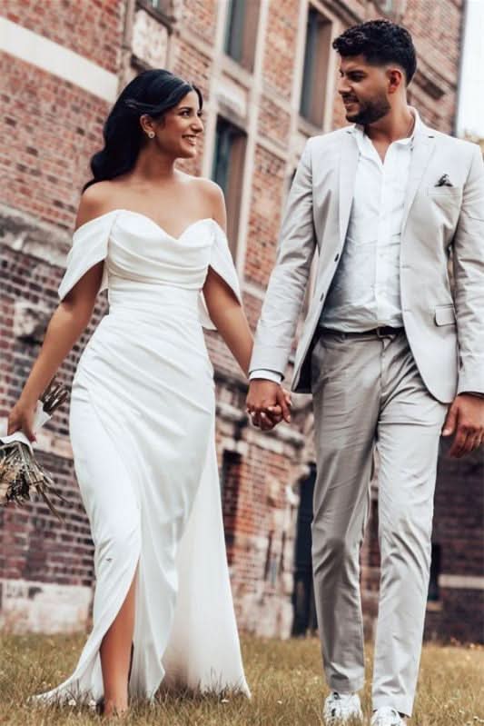Off-the-Shoulder Charmeuse Wedding Dress with Split BM bride