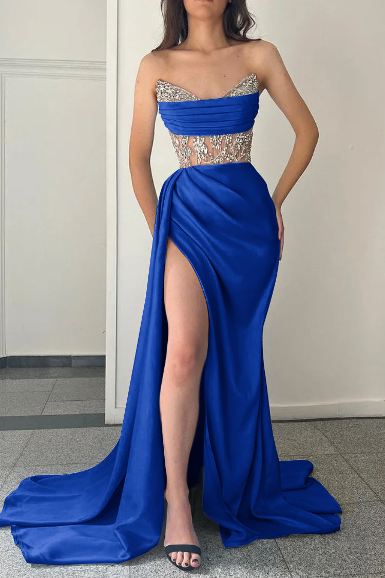 Modern Sky Blue Strapless Mermaid Prom Dress Split With Beading BMBRIDE