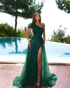 Modern One Shoulder Mermaid Evening Dress with Cap Sleeve, Beadings, Tulle, and Slit BM bride