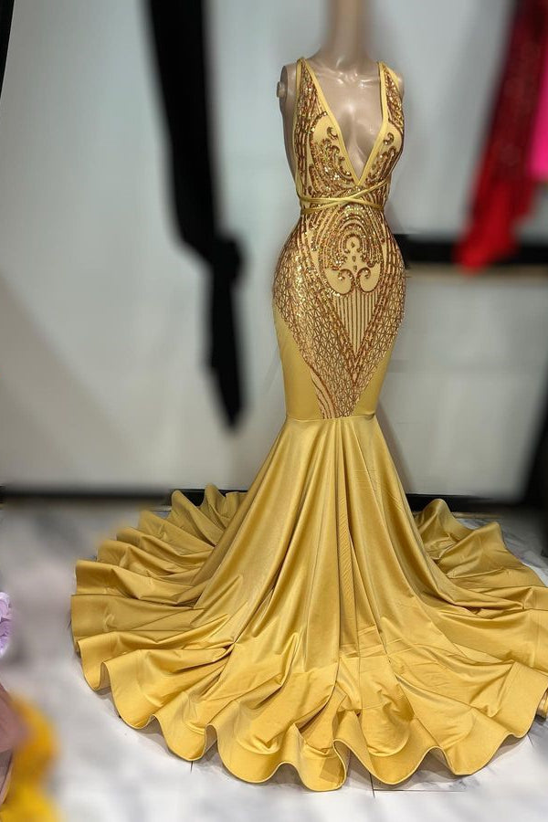 Dark Gold Sleeveless Appliqued Mermaid Prom Dress BM bride