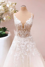 Spaghetti Strap A-Line Floor-Length Wedding Dress with Lace Tulle Appliques BM bride
