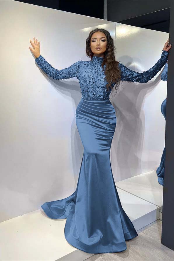 Classic Red Long Mermaid Prom Dress Pleated With Long Sleeves BMBRIDE