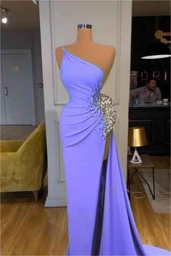Spaghetti strap Sequins One Shoulder Beadings Mermaid Prom Dress With Split