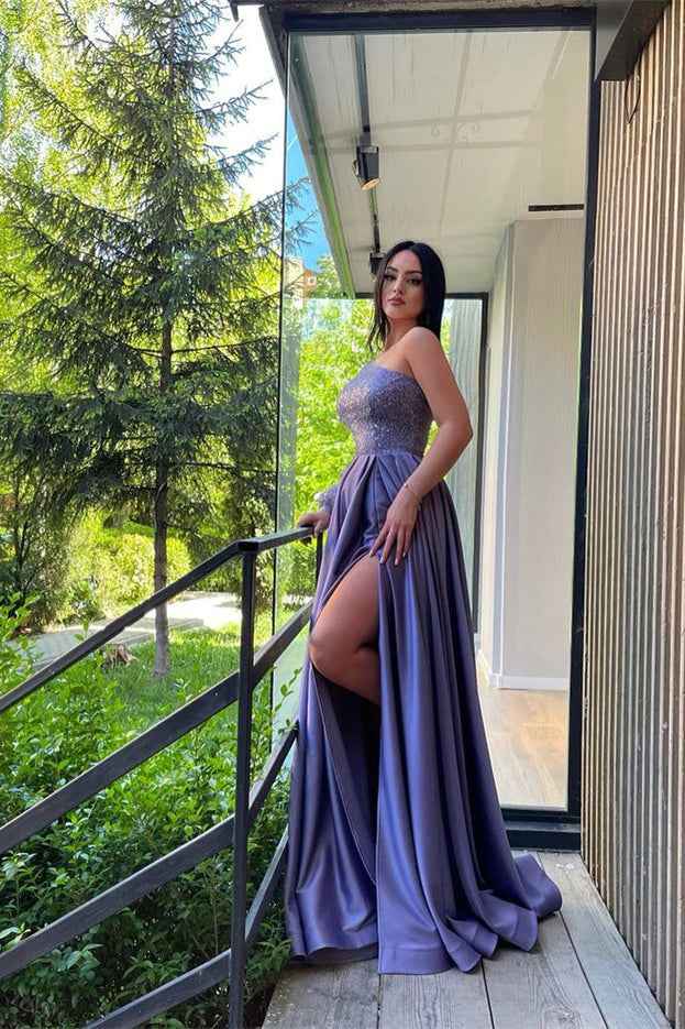 One Shoulder Long Sleeve Lilac Front Split Prom Dress With Sequins