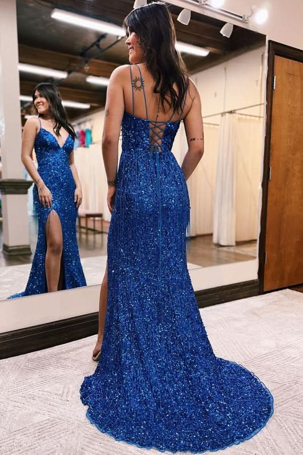 Long Sequins Evening Dress V Neck Tassel with High Slit BM bride