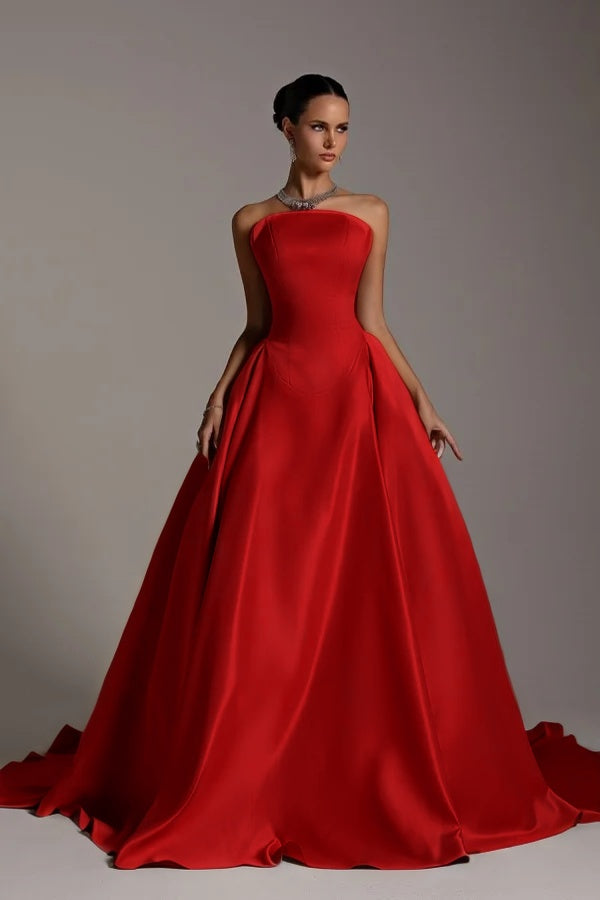 Chic Strapless Sleeveless A Line Long Prom Dress With Pleated BMBRIDE