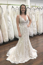 Elegant Deep V-Neck Wide Strap Mermaid Wedding Dress with Open Back Lace BM bride