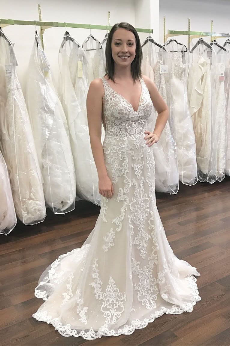 Elegant Deep V-Neck Wide Strap Mermaid Wedding Dress with Open Back Lace BM bride