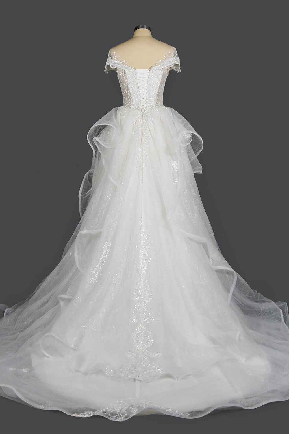 Sequined Short Sleeve Appliqued Ball Gown Wedding Dress with Tulle Ruffles BM bride