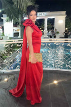 Glamorous Red Satin One Shoulder Sleeveless Long Prom Dress With Pleated