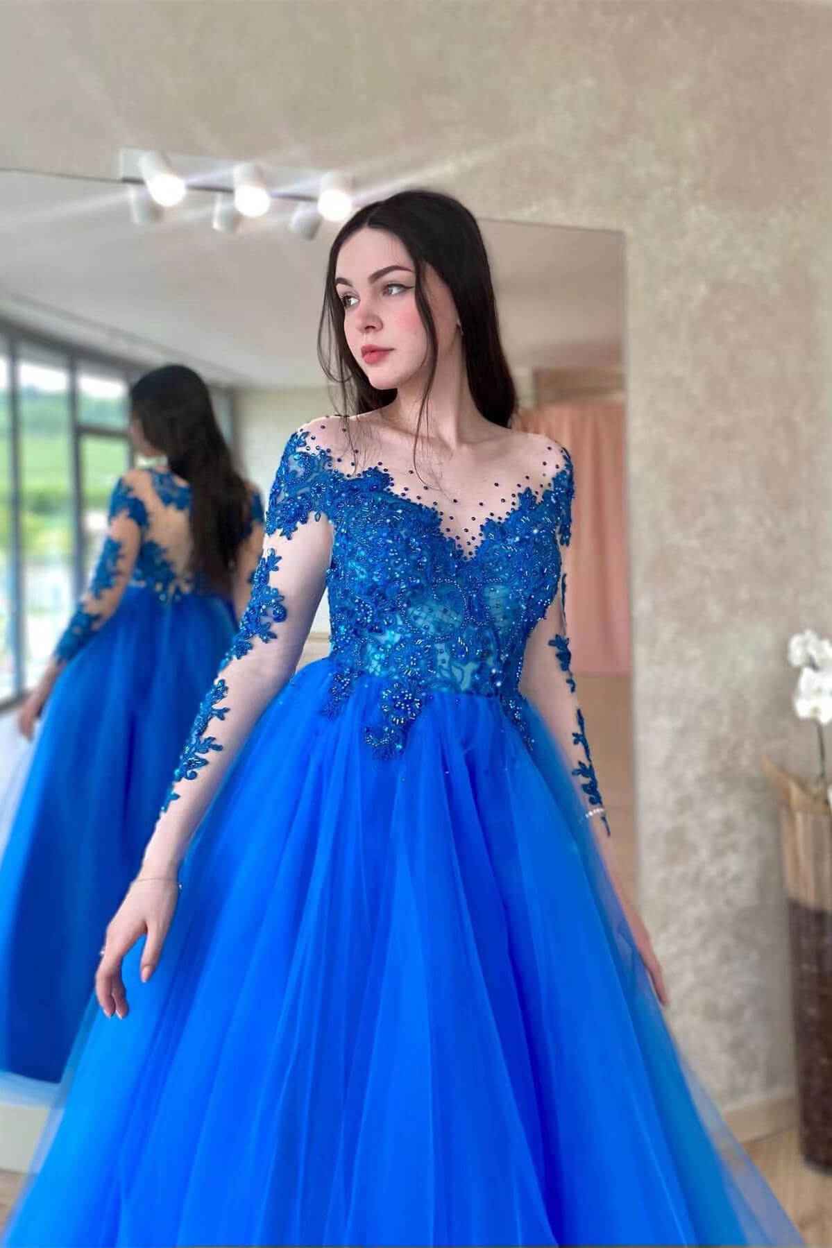 Royal Blue Long Sleeves Tulle A Line Long Prom Dress With Appliques Amazing