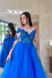 Amazing Royal Blue Long Sleeve Tulle Prom Dress with Appliques BM bride