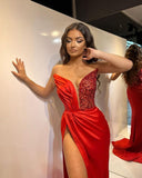 Red Sequined V-Neck Mermaid Prom Dress with High Split BM bride
