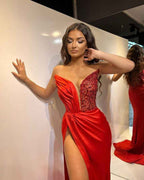 Red Strapless Sleeveless Mermaid Prom Dress Split With Beading