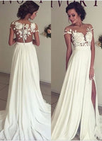 A-Line Chiffon Wedding Dress With Lace Ruffles Side Slit Appliques BM bride