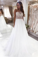 A-Line Bateau Long Sleeve Floor-Length Wedding Dress with Pearl Lace BM bride
