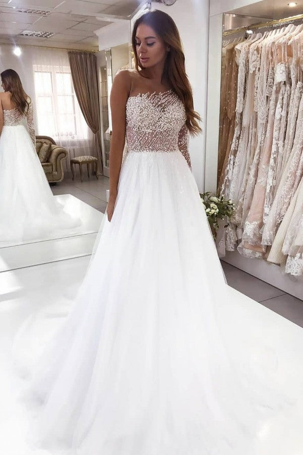 A-Line Bateau Long Sleeve Floor-Length Wedding Dress with Pearl Lace BM bride