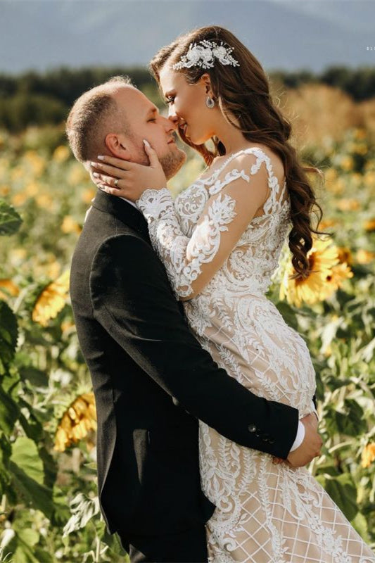 Illusion Long Sleeve Mermaid Lace Wedding Dress Online BM bride