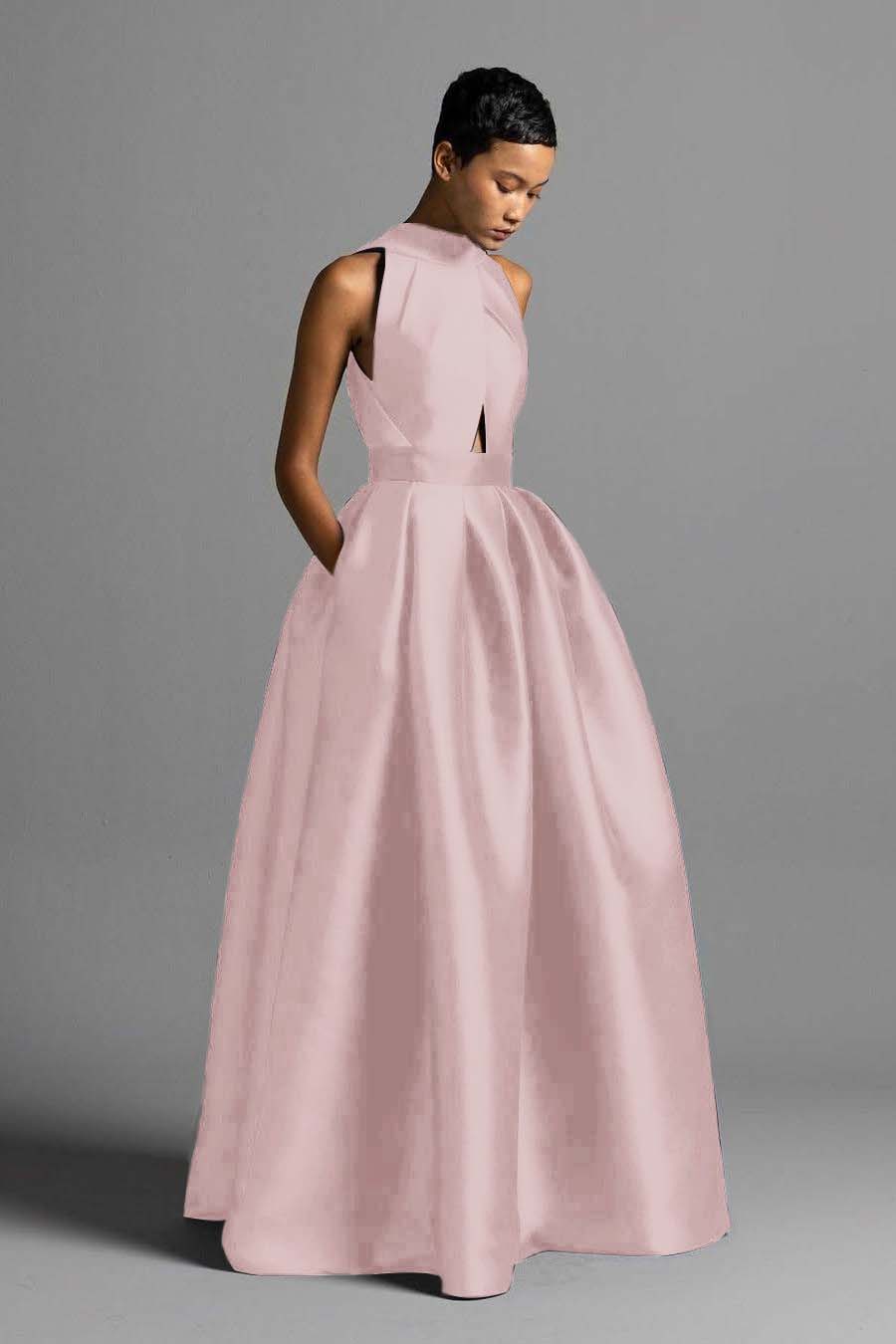Halter Sleeveless High Waist Long Prom Dress With Pocket Pleated BMBRIDE