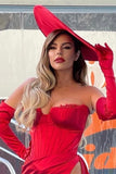 Charming Red Off-the-Shoulder Strapless Long Sleeve Evening Dress with Slit BM bride