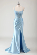 Spaghetti Strap Sleeveless Long High Split Prom Dress With Appliques BMBRIDE