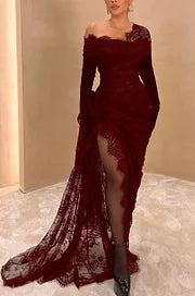 Elegant Lace Black Asymmetric With High Slit Gloves Long Prom Dress BMBRIDE
