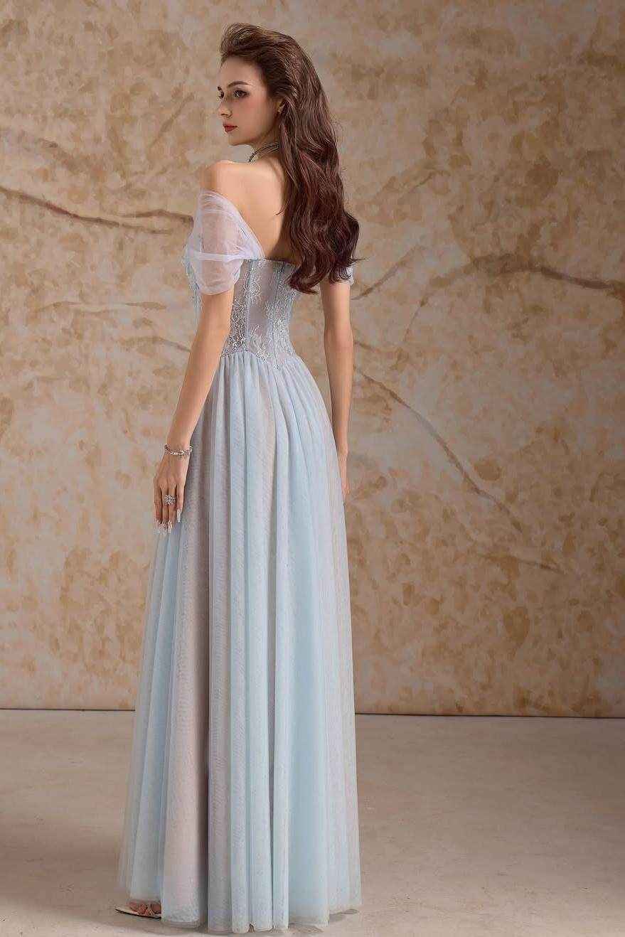 Tulle Off the Shoulder Sleeveless Long Prom Dress With Appliques