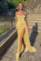 Velvet Off-the-Shoulder Beads Split Mermaid Prom Dress with Ruffles BM bride