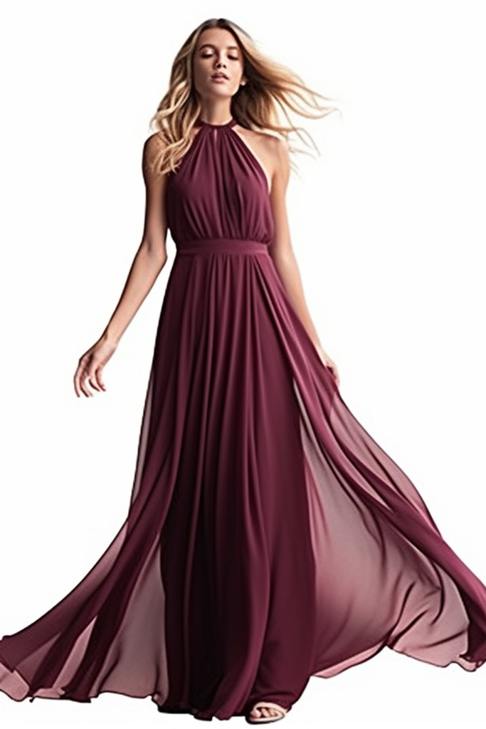 Purple Halter Sleeveless Long Chiffon Prom Dress with Pleats BM bride