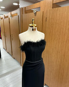 Black Strapless Sleeveless Feathered Sequined Long Mermaid Prom Dress BM bride