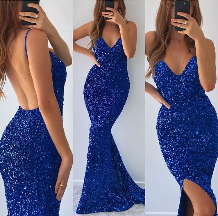 Royal Blue Sequined Spaghetti-Straps V-Neck Mermaid Prom Dress with Split BM bride