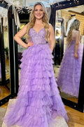 Beautiful Lavender Appliques V-Neck Ruffle Tiered Long Prom Dress BM bride