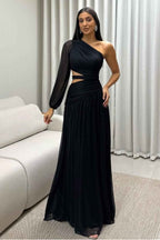 Chiffon One Shoulder Long Sleeves Long Prom Dress With Pleated