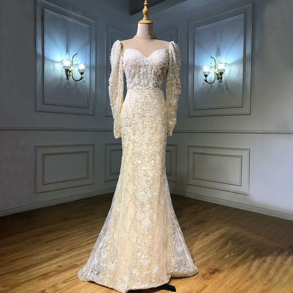 Sexy Sequined V-Neck Mermaid Prom Dress with Long Sleeves BM bride