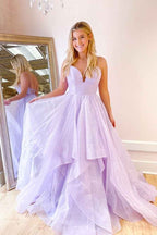 Attractive Lilac Spaghetti Strap Deep V Neck Sleeveless Long Prom Dress With Sequins