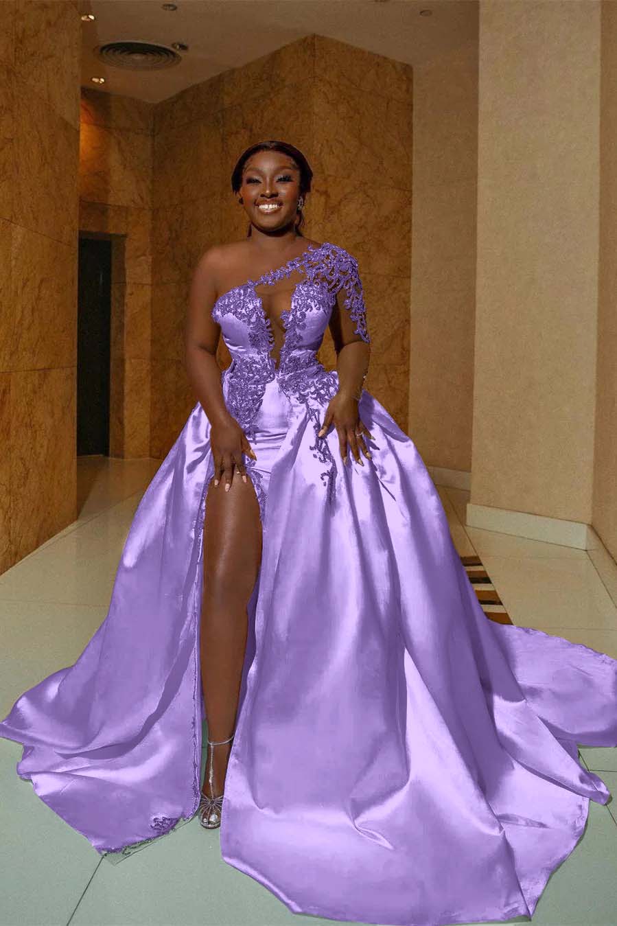 One Shoulder Sleeveless Long Split Prom Dress With Appliques BMBRIDE