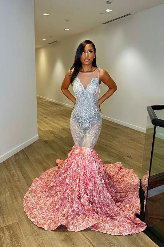 Elegant Pink Evening Dress Long with Sequins, Flowers, and V Neck Tulle BM bride