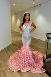 Elegant Pink Evening Dress Long with Sequins, Flowers, and V Neck Tulle BM bride