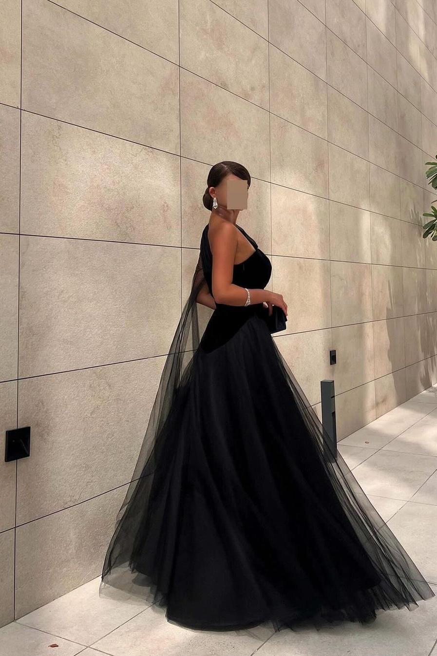 Chic Black Tulle One Shoulder Sleeveless Ball Gown Long Prom Dress BMBRIDE
