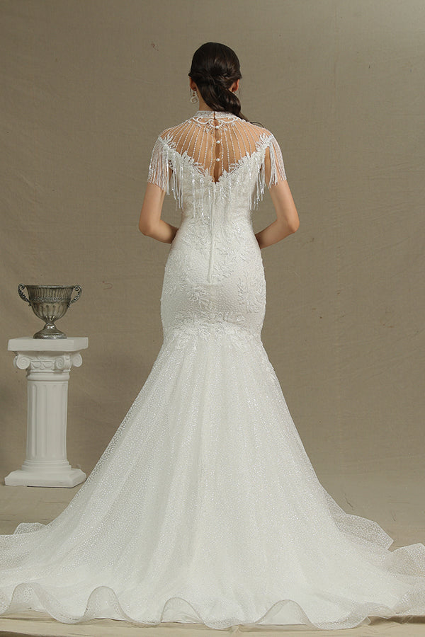 High Neck Mermaid Wedding Dress with Beading and Tassels BM bride