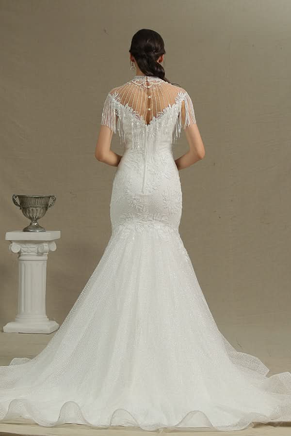 High Neck Mermaid Wedding Dress with Beading and Tassels BM bride
