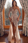 Modern One Shoulder Long Sleeves Mermaid Split Prom Dress with Rhinestone BM bride