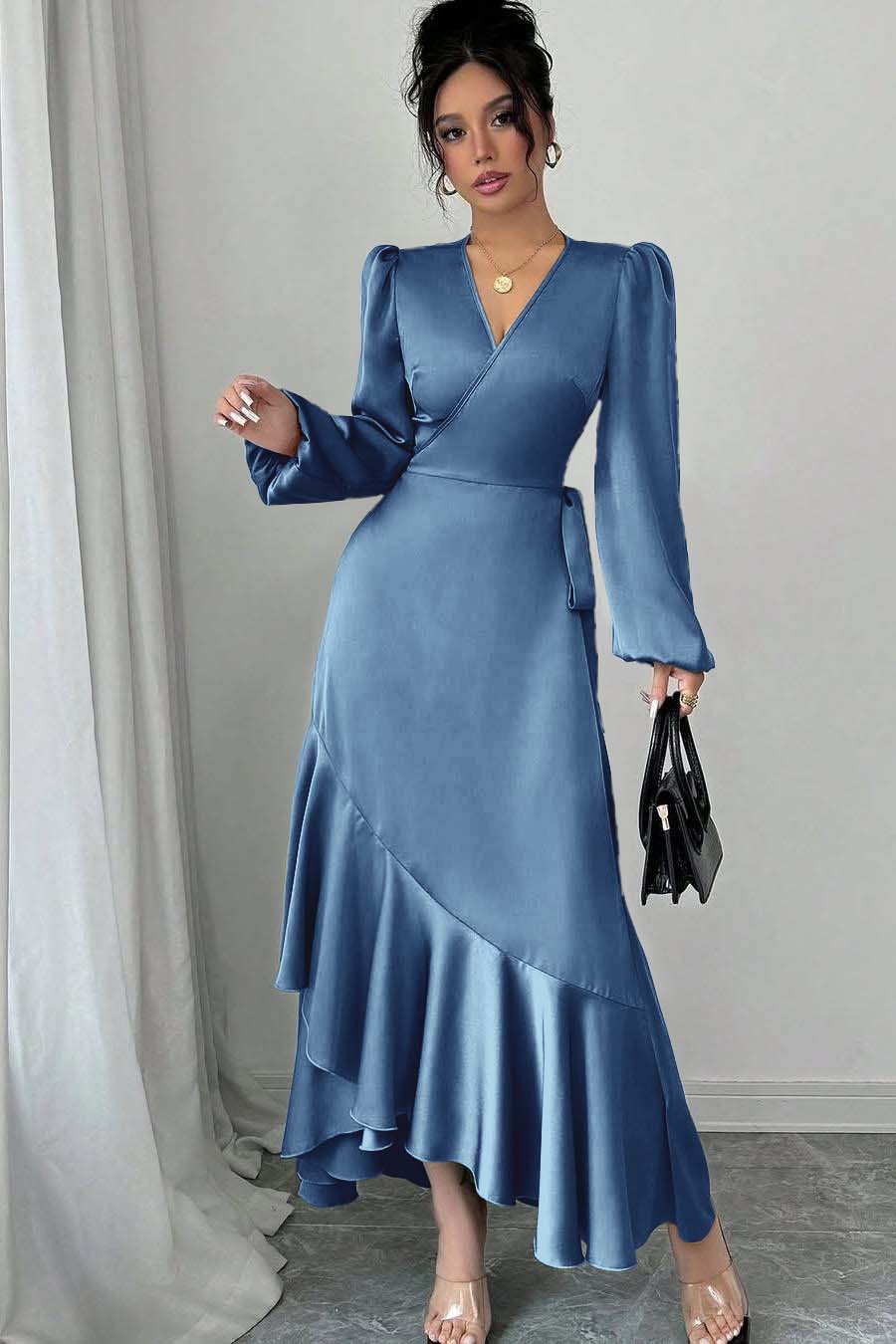 Shinning Long Sleeves V Neck Long Prom Dress With Ruffles Pleated