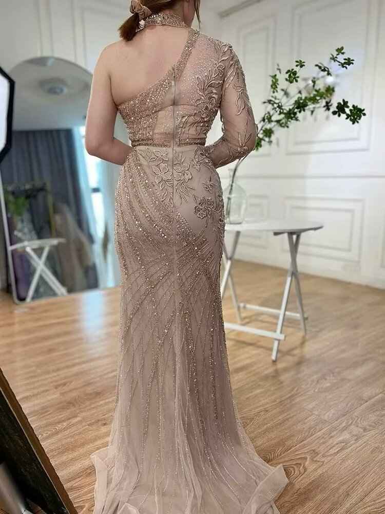 Elegant One shoulder Long Sleeve Champagne Bead Embroidery Prom Dress
